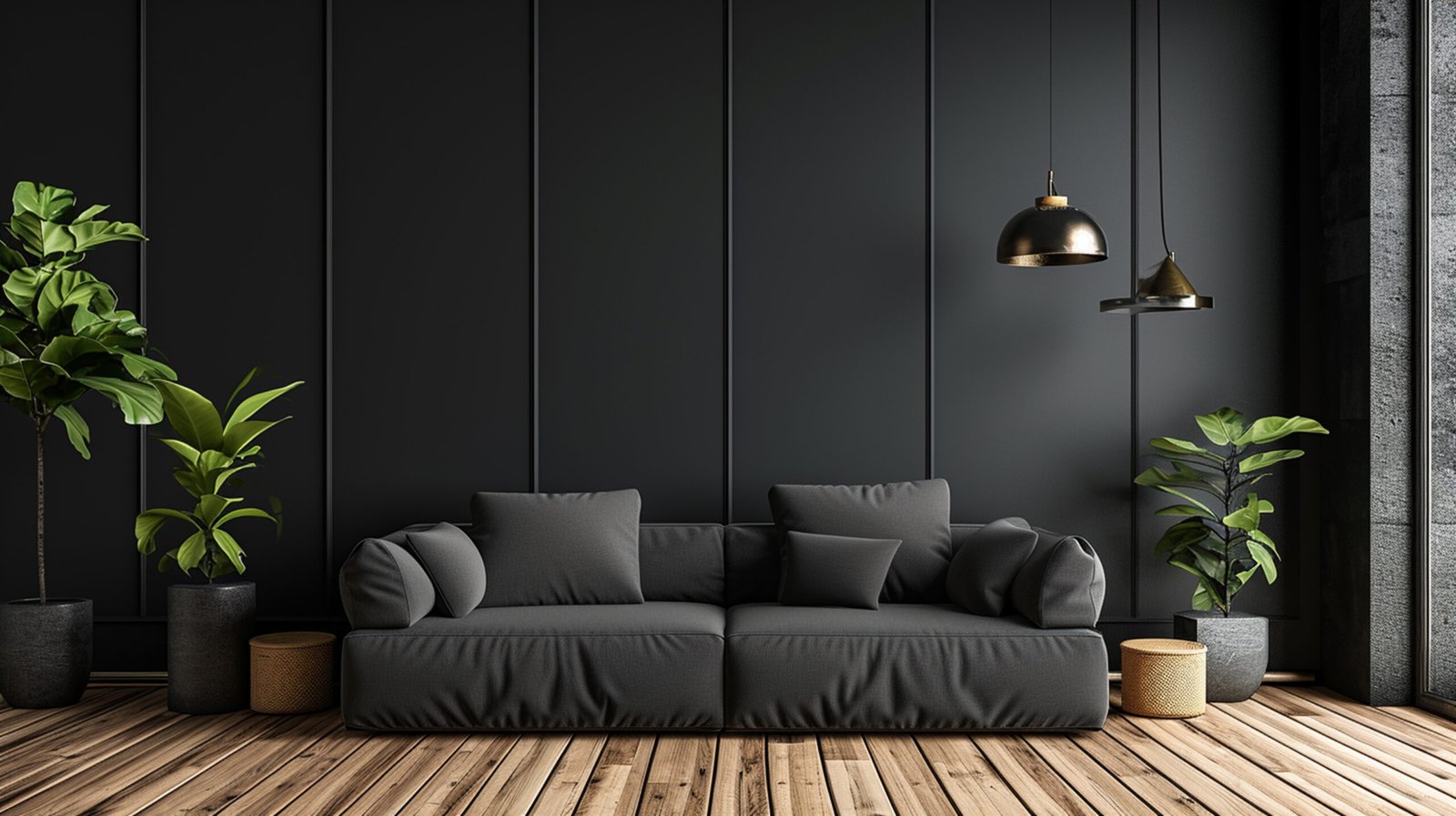 A minimalist black interior with a black sofa